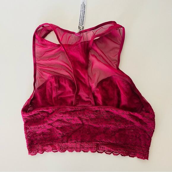 NEW FP FREE PEOPLE Sheer Mesh Racerback Lace Longline Bra Bralette Maroon Wine S - Picture 4 of 7